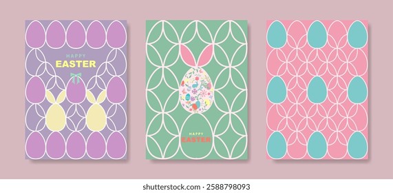 Set card of Happy Easter, Modern flat design pattern with eggs and bunnies, in pastel colors style. Festive springtime cover. Vector illustration on colorful background with copy space