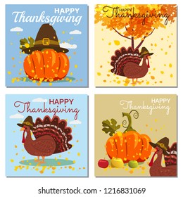Set Card Happy Thanksgiving Celebration with Cartoon Pumpkin and Autumn Leaves. Vector, Illustration, Design, Baner, Poster