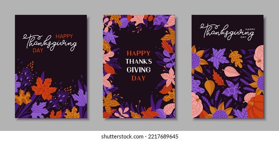 Set of card Happy Thanksgiving Day with pumpkins, sunflowers and color autumn leaves