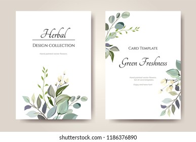 Set of card with herbs, leaves.  Floral poster, invite. Vector decorative greeting card or invitation design background