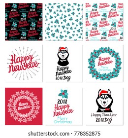 Set Card  Husky in the cap of santa. Symbol of the year dog.Lettering  Happy New Year.  Inscription Merry Christmas.