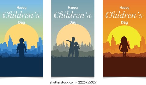 Set of card icons for Happy Children's Day. cute vector illustration girl boy embracing each other happily. Children playing outdoors. Sunset background.
