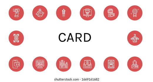 Set of card icons. Such as Insert coin, Money, Fireworks, Online shopping, Pos, Love, Wallet, Online shop, Hotel, Bill, Image, Cashier, Abstract, Discount , card icons