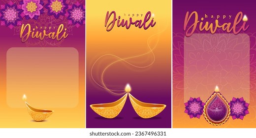 Fijar la tarjeta Festival Indio Feliz Diwali con accesorios Diwali, fondo de vacaciones con petardos, tarjeta de saludo de celebración Diwali, ilustración vectorial