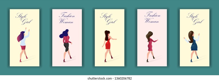 Set Card with Inscription Fashion Woman Style Girl. Vector Illustration Color Background. Women and Girls Full Growth Show New Fashion Collection Clothes. Bold Youth Everyday Kits Weekend.