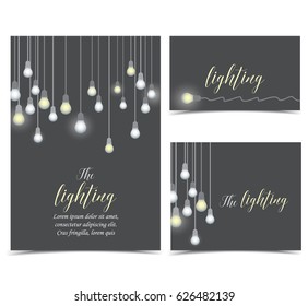 Set of card invitations. Vector illustration of hanging light bulbs on a gray background