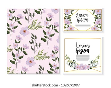 set card and label with exotic flowers and branches leaves