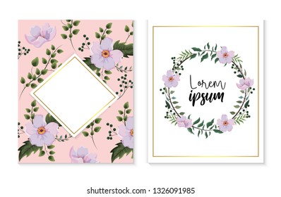 set card and label with flowers and branches leaves