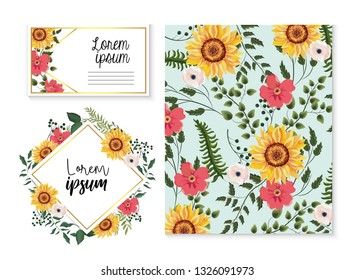 set card and label with sunflowers and branches leaves
