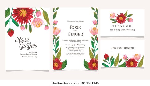 Set of card layout with hand drawn flower illustration for wedding, party, engagement.