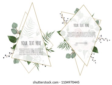 Set of card with leaves, flowers and geometrical frame. Floral poster, invite. Vector decorative greeting card, invitation design background.