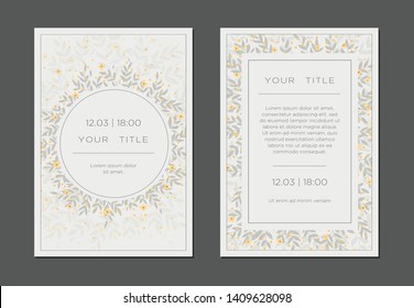 Set of card with leaves and flowers. Wedding ornament concept. beige floral retro poster, invite. Vector decorative greeting card or invitation design background