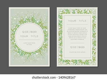 Set of card with leaves and flowers. Wedding ornament concept. Green floral retro poster, invite. Vector decorative greeting card or invitation design background