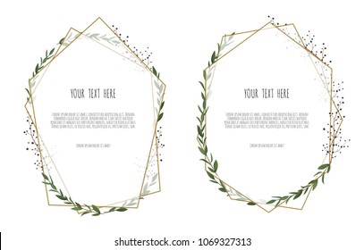 Set of card with leaves and geometrical frame. Floral poster, invite. Vector decorative greeting card, invitation design background.