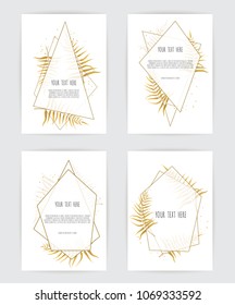 Set of card with leaves and geometrical frame. Floral poster, invite. Vector decorative greeting card, invitation design background.