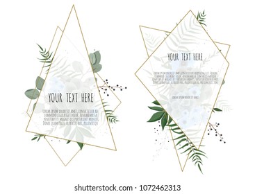 Set of card with leaves and geometrical frame. Floral poster, invite. Vector decorative greeting card, invitation design background.