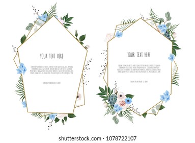 Set of card with leaves and geometrical frame. Floral poster, invite. Vector decorative greeting card, invitation design background.