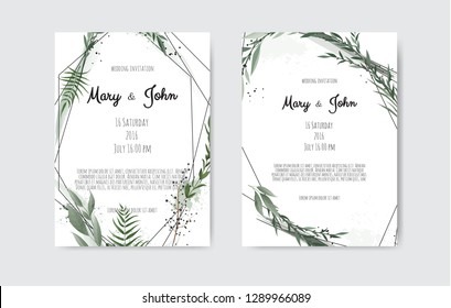 Set of card with leaves and geometrical frame. Floral poster, invite.