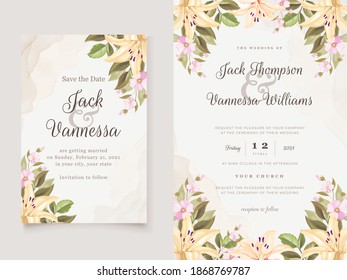 Juego de cartas con flor de lirio, hojas. Concepto de ornamento de boda. Afiche floral, invitación. Fondo de diseño de invitación o tarjeta de saludo decorativa vectorial