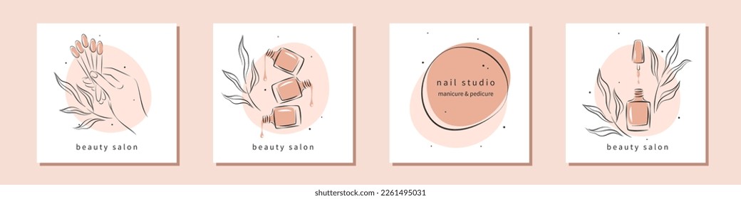 Set of card With logos for nail studio or salon. Beautiful female hands with color samples nail polish. Vector illustrations for social media posts and stories, mobile apps.