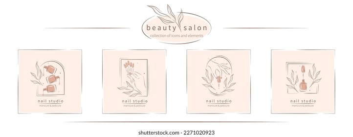 Set of card With logos for nail studio or salon. Beautiful female hands with color samples nail polish. Vector illustrations for social media posts and stories, mobile apps.