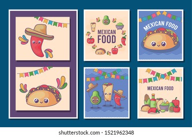 set of card of Mexican food kawaii vector illustration design