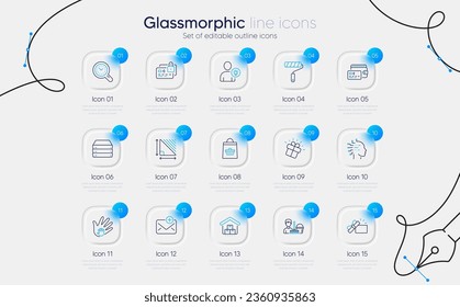 Juego de iconos de la línea de tarjetas, correo nuevo y idea de usuario para la aplicación web. Regalo abierto, Cartera, iconos de área Triángulo. Compras en línea, gestión de tiempo, señales de inteligencia artificial. Roller de pintura, servidores. Vector
