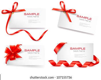 Set of card note with red gift bows with ribbons Vector