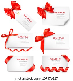 Set of card note with red gift bows with ribbons Vector