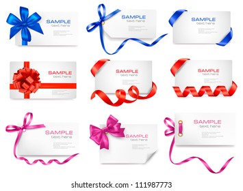 Set of card notes with color gift bows with ribbons Vector