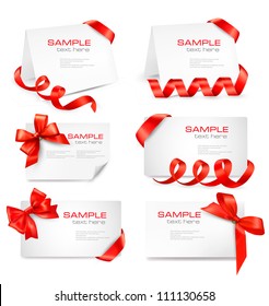 Set of card notes with red gift bows with ribbons Vector