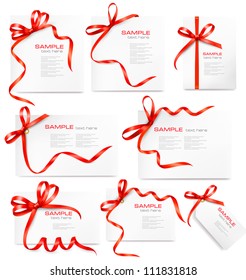 Set of card notes with red gift bows with ribbons Vector