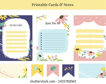 Set of Card, Notes and Tags with Spring Flower Pattern Illustration