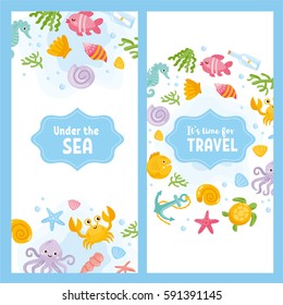 Set of card on the marine theme. Background with seashells, starfish and sea animals.  Travel flyer template. Emblem with messages.