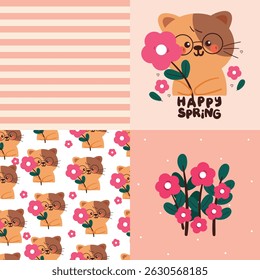 set of card and pattern cartoon cat with flowers. cute animal drawing for spring wallpaper and background