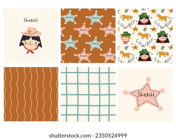 A set card and patterns in wild west style. Western.Vector backgrounds with cowboys,cactus,horseshoe,horse,snake,cowboy hat, boots,  Sheriff's badge and Abstract elements. Great for wallpaper, backgro