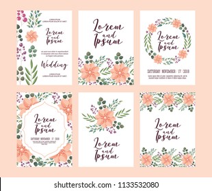 set of card with pink wild flowers leaves wedding ornament