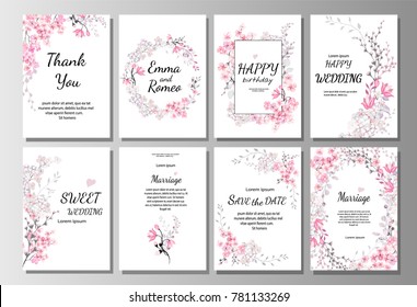 Set of card with pink wild flowers, leaves. Wedding ornament concept. Floral poster, invite. Vector decorative greeting card or invitation design background