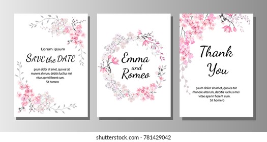 Set of card with pink wild flowers, leaves. Wedding ornament concept. Floral poster, invite. Vector decorative greeting card or invitation design background