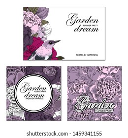Set of card with place for text, bird and flowers. Pink and violet peonies. Floral poster, invite. Vector decorative greeting card or invitation design background.  