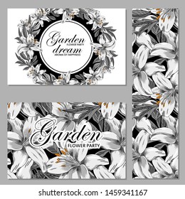 Set of card with place for text and  pattern with flowers. White lilies. Floral poster, invite. Vector decorative greeting card or invitation design background.  