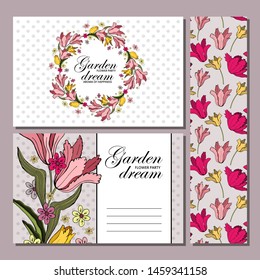 Set of card with place for text and seamless pattern with flowers. Pink, red and yellow tulips. Floral poster, invite. Vector decorative greeting card or invitation design background.  