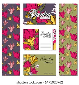 Set of card with place for text and seamless pattern with flowers. Violets and tulips. Floral poster, invite. Vector decorative greeting card or invitation design background.  