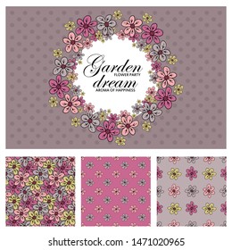 Set of card with place for text and seamless pattern with flowers. Hand drawn illustration of violets. Floral poster, invite. Vector decorative greeting card or invitation design background.  