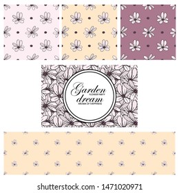 Set of card with place for text and seamless pattern with flowers. Hand drawn illustration of violets. Floral poster, invite. Vector decorative greeting card or invitation design background.  