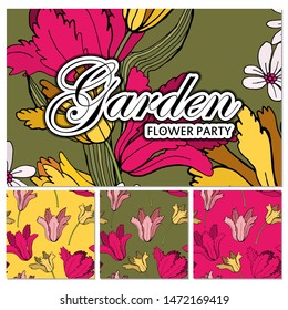 Set of card with place for text and seamless pattern with flowers. Violets and tulips. Floral poster, invite. Vector decorative greeting card or invitation design background.  