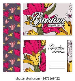 Set of card with place for text and seamless pattern with flowers. Violets and tulips. Floral poster, invite. Vector decorative greeting card or invitation design background.  