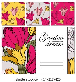 Set of card with place for text and seamless pattern with flowers. Violets and tulips. Floral poster, invite. Vector decorative greeting card or invitation design background.  