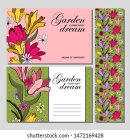 Set of card with place for text and seamless pattern with flowers. Violets and tulips. Floral poster, invite. Vector decorative greeting card or invitation design background.  