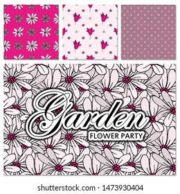 Set of card with place for text and seamless pattern with flowers. Violets and tulips. Floral poster, invite. Vector decorative greeting card or invitation design background.  